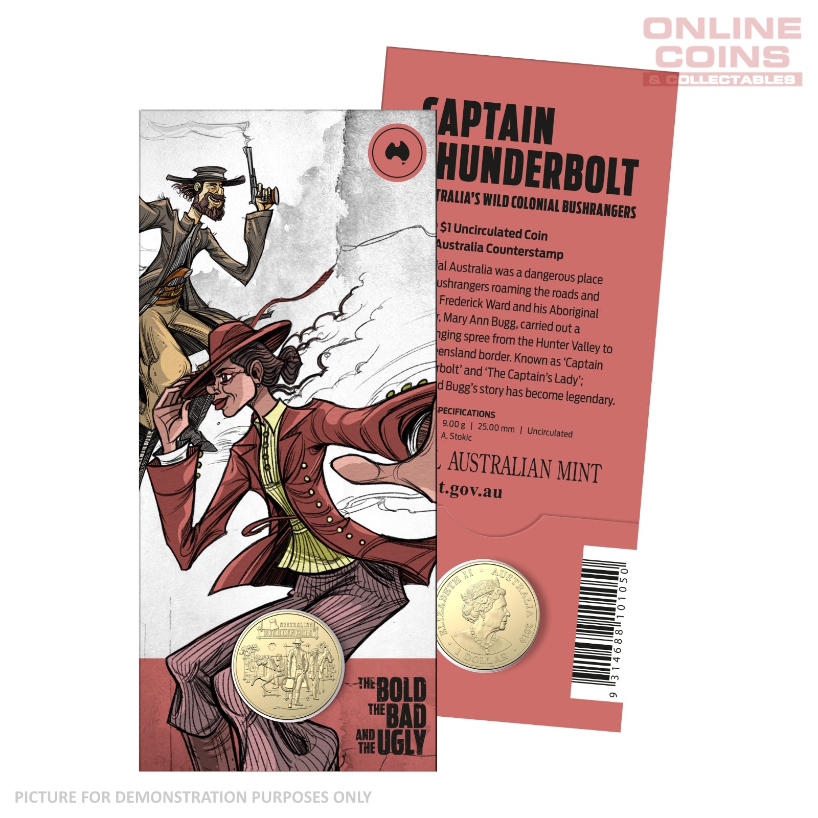 2019 $1 AlBr Australia Map Counterstamp Uncirculated Carded Coin - Captain Thunderbolt